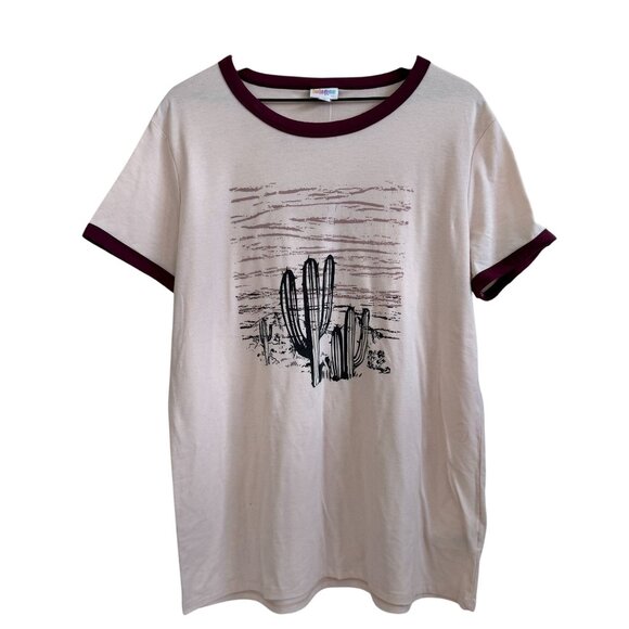 LuLaRoe XL Cactus Graphic Ringer Tee Beige & Maroon Made In China Soft Cotton Bl - Picture 1 of 5